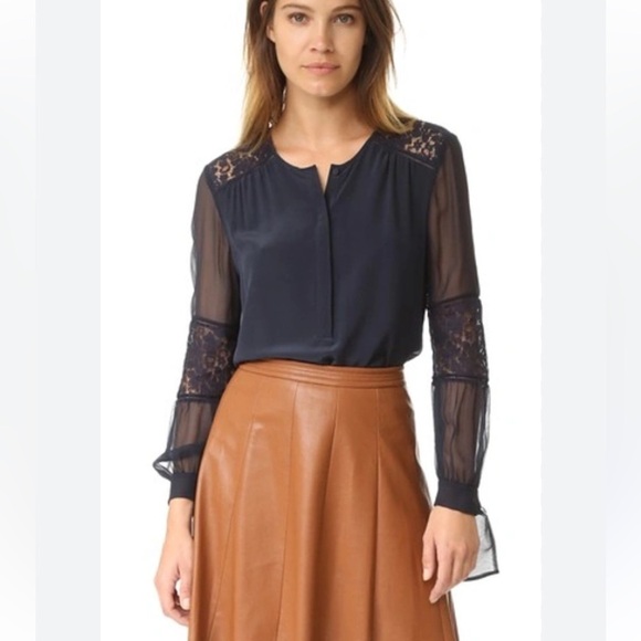 Rebecca Taylor Sara Lace Panel Silk Long Sleeve Blouse Ties at Cuff size 2 Navy - Picture 1 of 12